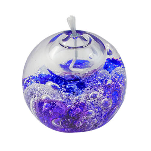 Glass blown oil burner with wick with various shades of blue and purple inside